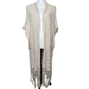 KORI America Duster Cardigan Sweater Light Tan Sheer Open Knit Open Front Tassel